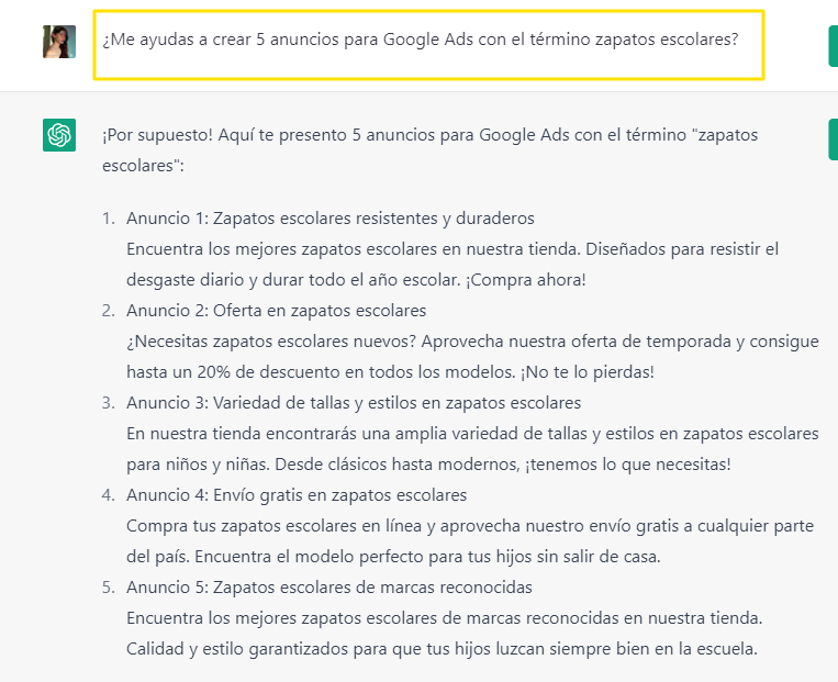 Solicitud de creación de anuncios a Chatgpt