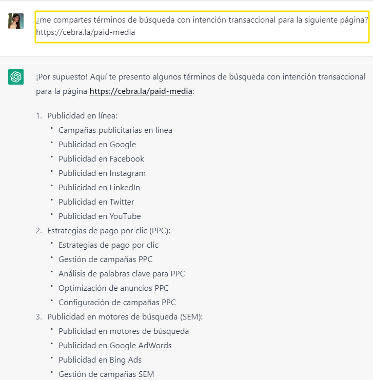 Solicitud de Términos de búsqueda a Chatgpt para un sitio. 